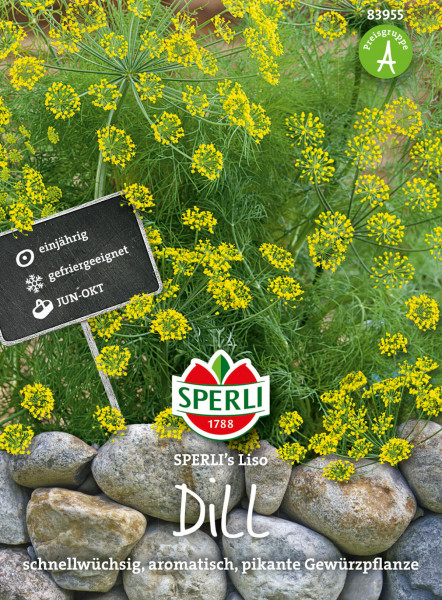 Produktbild von Sperli Dill SPERLIs Liso mit blühenden Dillpflanzen, Beschreibung als schnellwüchsige und aromatische Gewürzpflanze sowie Informationen zur Einjährigkeit und Eignung zum Einfrieren.