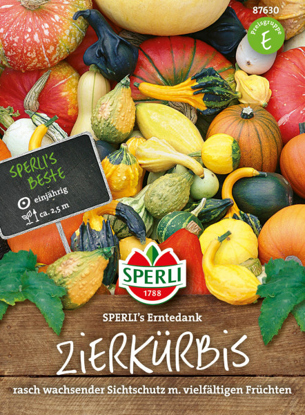 Produktbild von Sperli Zierkürbis SPERLIs Erntedank mit verschiedenen farbenfrohen Kürbisarten und Verpackungsinformationen auf Deutsch.
