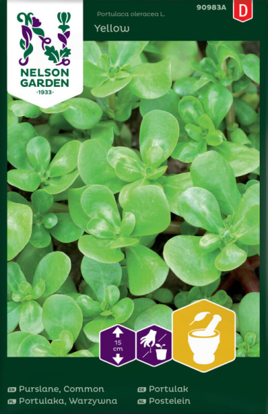 Produktbild von Nelson Garden Portulak Yellow mit Abbildung des grünen Portulak-Pflänzchens Sorte Yellow und Verpackungsinformationen sowie Piktogrammen zur Pflanzenpflege.