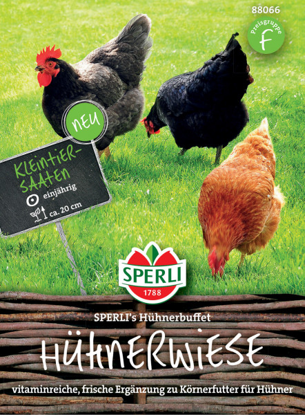 Produktbild von Sperli Hühnerwiese SPERLIs Hühnerbuffet mit Abbildung von Hühnern auf einer Wiese und Informationen zu einer vitaminreichen frischen Ergänzung zu Körnerfutter für Hühner.