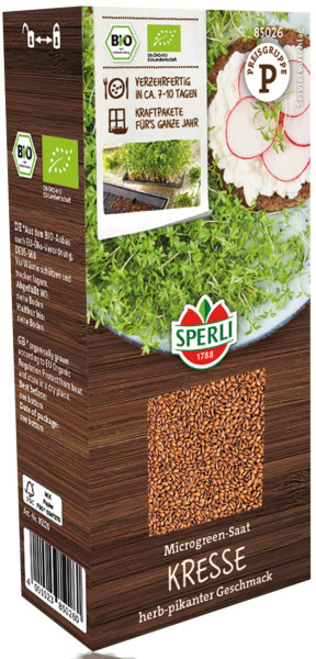Produktbild von Sperli BIO Microgreen-Saat Kresse mit Darstellung der Produktverpackung Kennzeichnungen als Bio-Produkt und Visualisierung des Anbaus sowie des fertigen Kresseproduktes.
