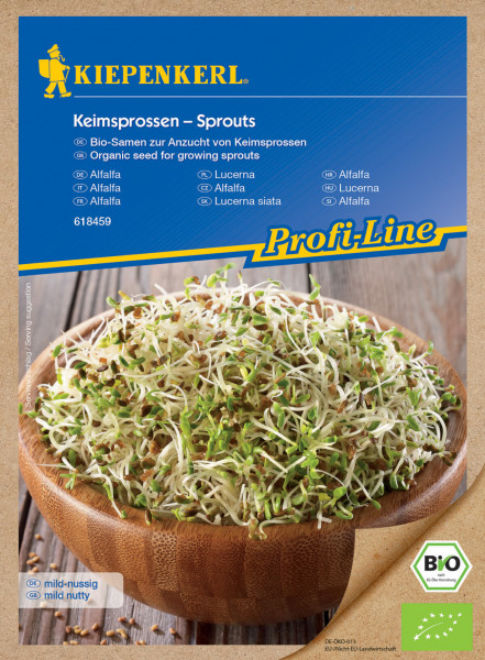 Produktbild von Kiepenkerl BIO Keimsprossen Alfalfa mit Darstellung der Sprossen in einer Schale und Verpackungsinformationen in verschiedenen Sprachen.