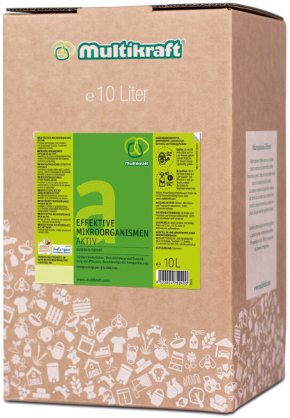 Produktbild eines 10 Liter Kartons Multikraft EM Aktiv mit Informationen zu effektiven Mikroorganismen auf einer grünen Etikette in deutscher Sprache.