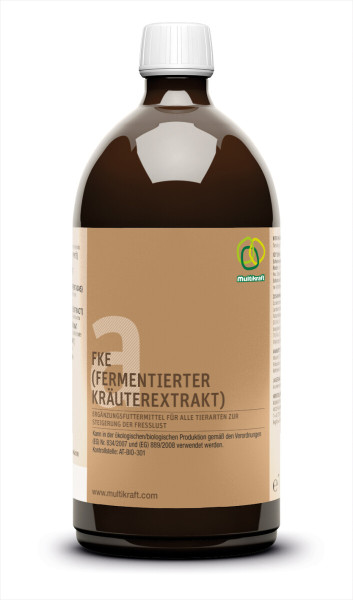Produktbild von Multikraft FKE Fermentierter Kräuterextrakt in einer 1-Liter-Flasche mit Markenlogo und Produktinformationen auf der Etikettierung in deutscher Sprache.