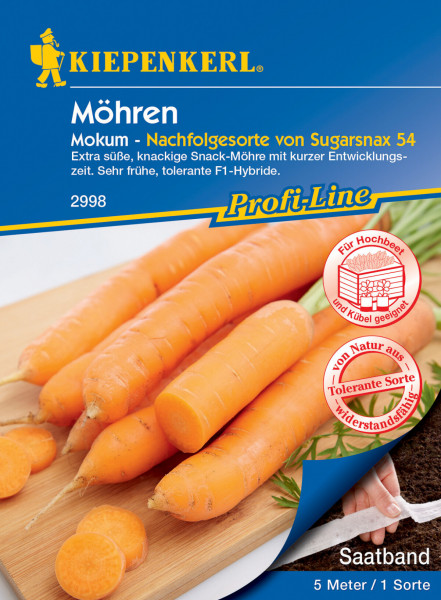 Produktbild von Kiepenkerl Möhre Mokum F1 Saatband mit Abbildung des Saatbandes, Bildern von Möhren und Informationen zur Sorte auf Deutsch.
