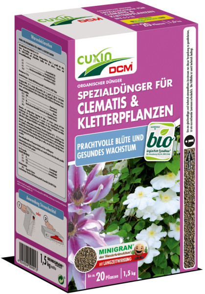 Produktbild von Cuxin DCM Spezialdünger für Clematis und Kletterpflanzen Minigran in einer 1, 5, kg Streuschachtel mit Informationen zur Anwendung und Hinweisen zum biologischen Landbau.