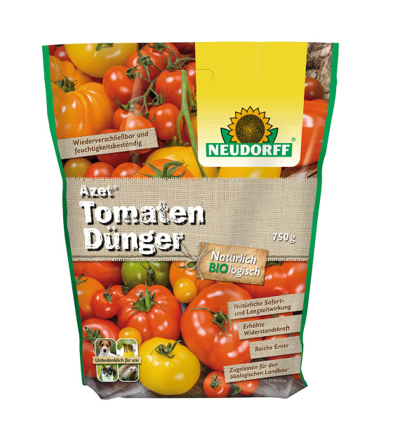 Produktbild von Neudorff Azet Tomatenduenger 750g Verpackung mit Tomatenabbildungen und Produktinformationen in deutscher Sprache.