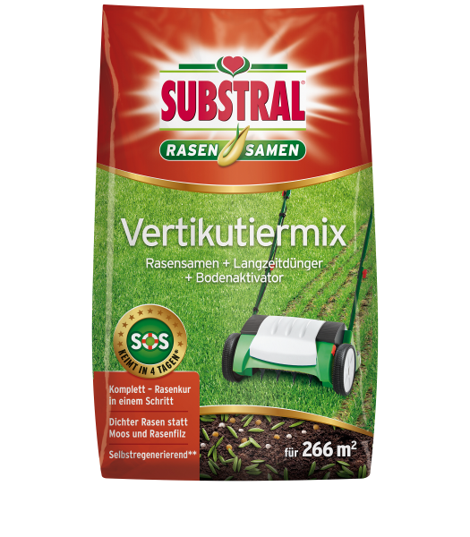 Produktbild von Substral Vertikutiermix 8kg mit Angaben zum Inhalt Rasensamen Langzeitdunger und Bodenaktivator sowie Hinweisen für eine Rasenkur auf der Verpackung in deutscher Sprache.