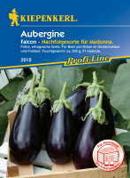 Produktbild von Kiepenkerl Aubergine Falcon F1 mit Abbildung der reifen Auberginen und Verpackungsinformationen wie Gewicht und Eignung für Beet und Kübel.