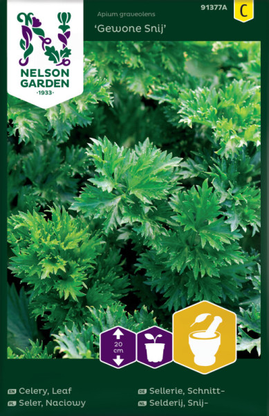 Produktbild von Nelson Garden Schnittsellerie Gewone Snij Saatgutverpackung mit grünen Sellerieblättern und Anweisungen zum Pflanzen und Ernten auf Deutsch.