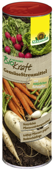 Produktbild von Neudorff BioKraft GemüseStreumittel 500g mit Darstellung verschiedener Gemüsesorten und Produktbeschreibungen in deutscher Sprache.