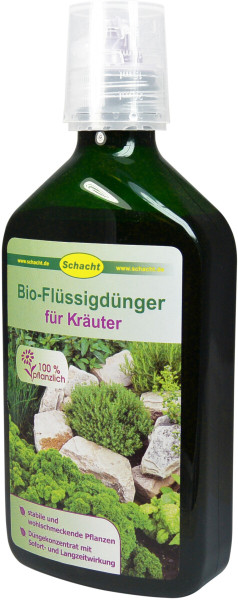 Produktbild von Schacht Bio-Flüssigdünger für Kräuter in einer 350ml Flasche mit Informationen zu 100 Prozent pflanzlichen Inhaltsstoffen und Vorteilen für stabile und wohlschmeckende Pflanzen auf Deutsch.