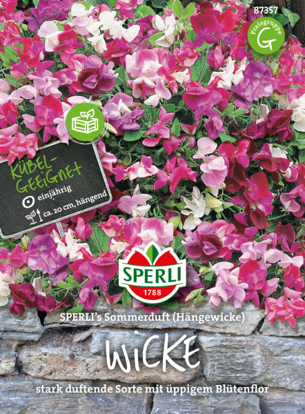 Produktbild von Sperli Wicke SPERLIs Sommerduft Hängewicke mit Blüten in verschiedenen Rosa- und Weißtönen und Verpackungsinformationen auf Deutsch.