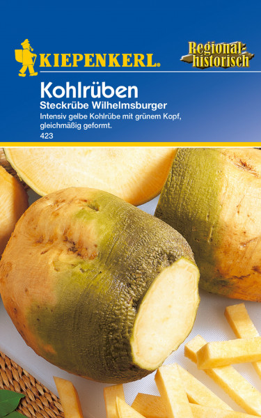 Produktbild von Kiepenkerl Steckrübe Wilhelmsburger mit Darstellung der gelben Steckrüben mit grünem Kopf und der Verpackung mit Produktbezeichnung und Beschreibung