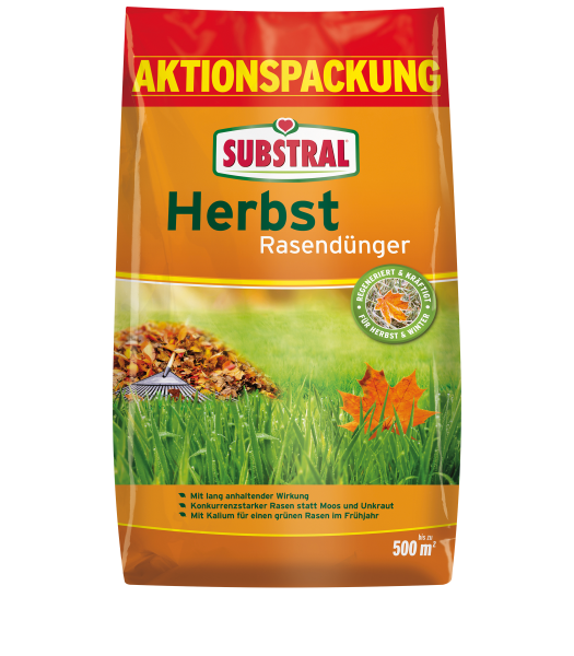 Produktbild von Substral Herbst-Rasendünger Aktionspackung in einer 6, 25, kg Verpackung mit Angaben zur Langzeitwirkung und Hinweisen für einen konkurrenzstarken Rasen und grünerem Rasen im Frühjahr.