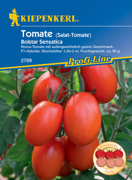 Produktbild von Kiepenkerl Salat-Tomate Bolstar Sensatica F1 mit reifen Tomaten am Stiel und Verpackungsinformationen wie Wuchshöhe und Fruchtgewicht auf Deutsch.
