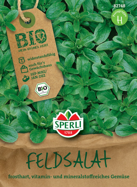 Produktbild von Sperli BIO Feldsalat mit Pflanzenabbildung, Preisschild und Hinweisen zur Widerstandsfähigkeit und Anbauzeit, zertifiziert als Bio-Produkt.