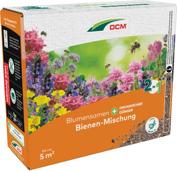Produktbild von Cuxin DCM Blumensamen Bienen-Mischung in einer 265g Streuschachtel mit Angaben zu Blumenmischung und organischem Dünger sowie Informationen zur Aussaatfläche.