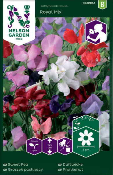 Produktbild von Nelson Garden Duftwicke Royal Mix mit bunten Blüten und Informationen zu Pflanzeneigenschaften in verschiedenen Sprachen.