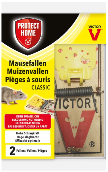 Produktbild von Protect Home Mäusefalle Classic mit zwei Fallen und Hinweisen auf hohe Schlagkraft und keine zusätzliche Beköderung notwendig in mehreren Sprachen.