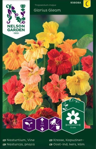 Produktbild von Nelson Garden Kapuzinerkresse Glorius Gleam mit blühenden Pflanzen in Rot- und Gelbtönen sowie Produktinformationen und Anzuchthinweisen.