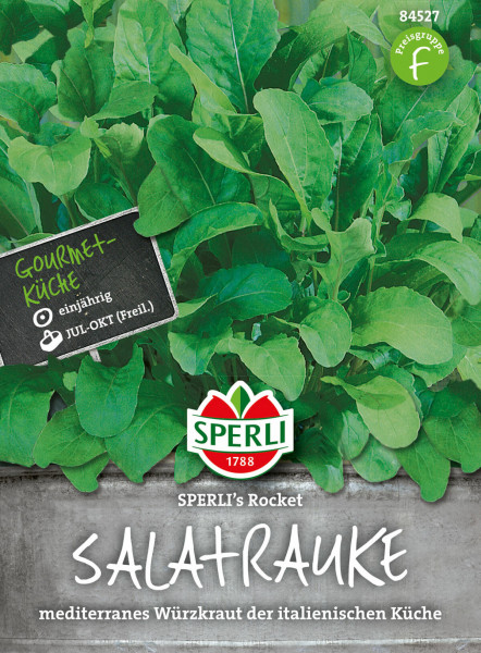 Produktbild von Sperli Salatrauke Sperlis Rocket mit grünen Blättern und Verpackung, die Hinweise zur Gourmet-Küche und das Logo von Sperli enthält.