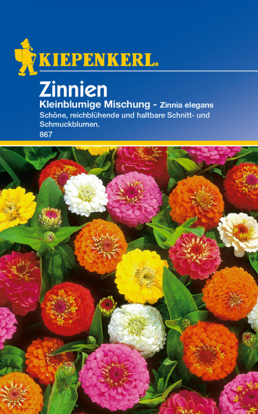 Produktbild von Kiepenkerl Zinnie Kleinblumige Mischung mit bunten Blumen und Verpackungsdesign mit Markenlogo, Produktname und Beschreibung