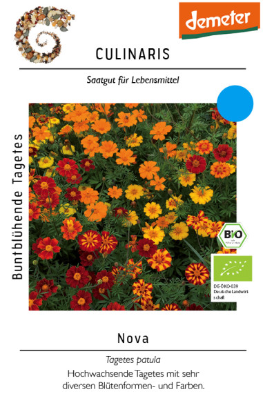Produktbild von Culinaris BIO Buntblühende Tagetes Nova mit orangen und gelben Blüten, inklusive Informationen zum biologischen Saatgut und Demeter-Zertifizierung.