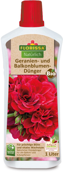 Produktbild von Florissa Natürlich Geranien- und Balkonblumen-Dünger in einer 1-Liter-Flasche mit roten Geranien auf dem Etikett und Hinweisen zu biologischem Gärtnern.
