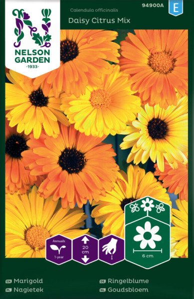Produktbild von Nelson Garden Ringelblume Daisy Citrus Mix mit Abbildungen gelb-orangener Blumen und Pflanzinformationen.