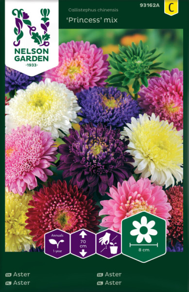 Produktbild von Nelson Garden Prinzess-Aster Princess Mix mit farbenfroher Darstellung verschiedener Astern und Informationen zur Pflanzenpflege auf der Verpackung.