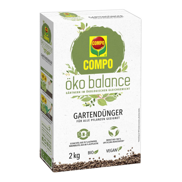 Produktbild des COMPO Öko balance Gartendünger Verpackung für biologisches Gärtnern mit Angaben zur Nachhaltigkeit und Inhaltsstoffen auf Deutsch