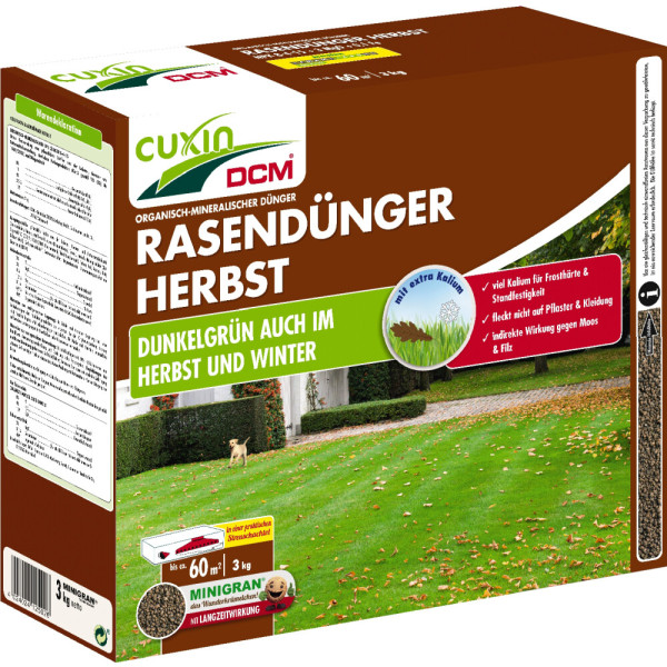 Produktbild von Cuxin DCM Rasendünger Herbst Minigran 3kg in einer Streuschachtel mit Informationen zur Anwendung und Vorteilen auf Deutsch.