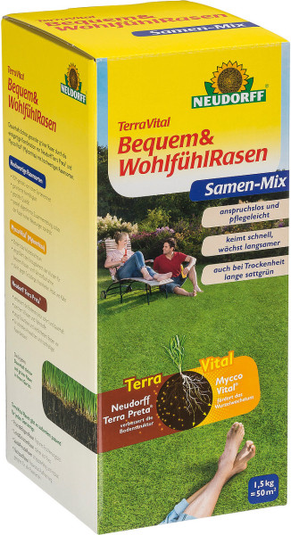 Produktbild von Neudorff TerraVital Bequem & WohlfühlRasen 1, 5, kg Verpackung mit Produktinformationen und Abbildungen von Rasen sowie Personen auf einer Gartenbank in entspannter Pose.