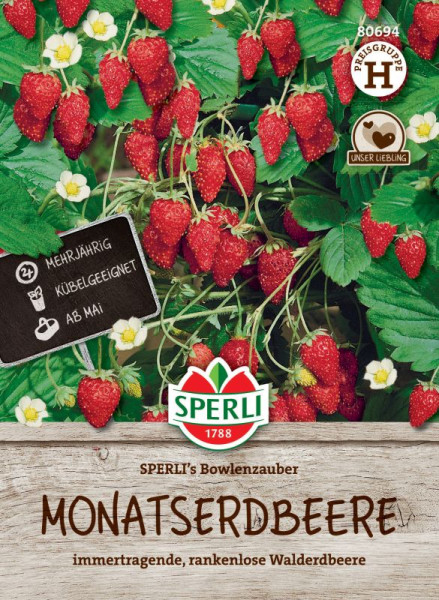 Produktbild von Sperli Monatserdbeere SPERLIs Bowlenzauber mit Darstellung reifer Erdbeeren an der Pflanze und Produktinformationen wie mehrjährig kübelgeeignet und Aussaat ab Mai in deutscher Sprache.