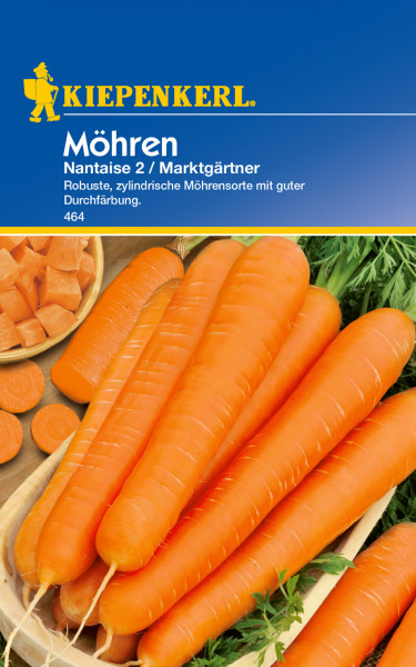 Produktbild von Kiepenkerl Möhre Nantaise 2 Marktgärtner zeigt Verpackungsdesign und Möhrensorte mit Beschreibung und Artikelnummer auf Deutsch.