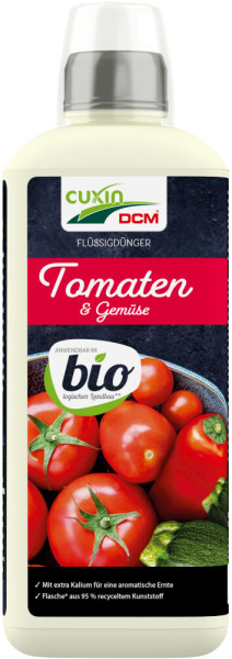 Produktbild eines Cuxin DCM Flüssigdünger für Tomaten und Gemüse BIO in 0, 8, l Flasche mit roten Tomaten und grünen Gemüse auf der Etikettierung und Hinweisen auf biologischen Landbau sowie Recyclingvermerk.