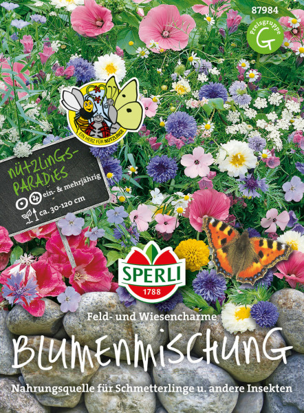 Produktbild von Sperli Blumenmischung Feld- und Wiesencharme mit verschiedenen bunten Blumen und Hinweis auf Nützlingsparadies sowie dem Logo von Sperli.