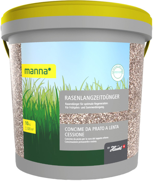 Produktbild von MANNA Rasenlangzeitdünger in einer 10kg Verpackung mit Hinweisen für Frühjahrs- und Sommerdüngung.