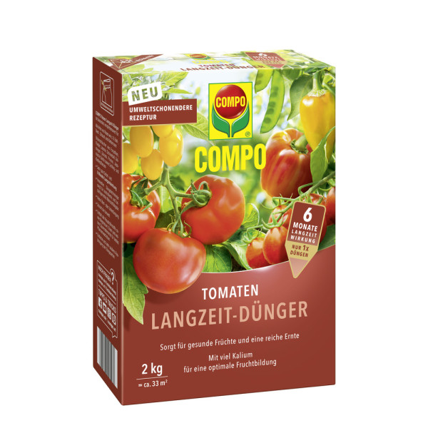 Produktbild von COMPO Tomaten Langzeit-Duenger 850g Verpackung mit Informationen zu Langzeitwirkung und optimaler Fruchtbildung.