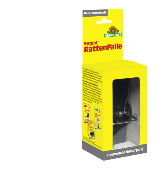 Produktbild der Neudorff Sugan RattenFalle Verpackung mit Sichtfenster und Informationen über hohe Schlagkraft sowie hygienische Entsorgung auf Deutsch.