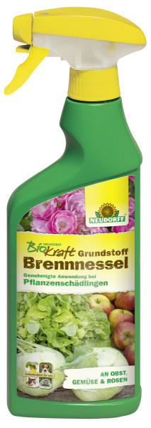 Produktbild von Neudorff BioKraft Grundstoff Brennnessel AF in einer 500ml Sprühflasche für die genehmigte Anwendung bei Pflanzenschädlingen an Obst Gemüse und Rosen.