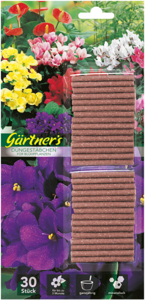 Produktbild von Gärtners Düngestäbchen für Blühpflanzen Packung mit 30 Stäbchen und Hintergrund mit verschiedenen Blühpflanzen.