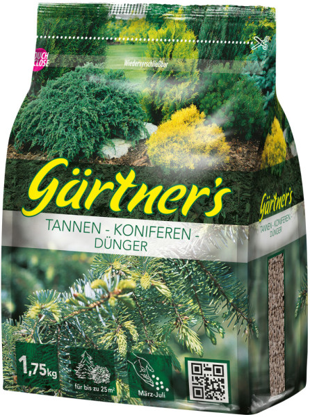 Produktbild von Gärtners Tannen-Koniferen-Dünger in einer 1, 75, kg Verpackung mit Bildern von Nadelbäumen und Informationen zur Anwendungsdauer von März bis Juli.