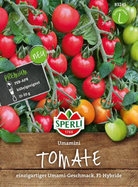 Produktbild von Sperli Mini-Pflaumentomate Umamini F1 mit reifen und unreifen Tomaten an der Pflanze und Verpackungsinformationen wie Aussaatzeit, Kultureigenschaften und einzigartiger Umami-Geschmack.