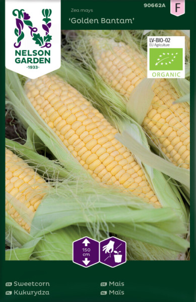 Produktbild von Nelson Garden BIO Zuckermais Golden Bantam Saatguttüte mit reifen Maiskolben im Hintergrund und Bio-Siegel sowie Anbauhinweisen.