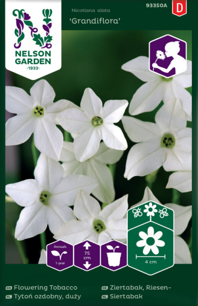 Produktbild von Nelson Garden Ziertabak Grandiflora mit weiß blühenden Pflanzen und Verpackungsinformationen.