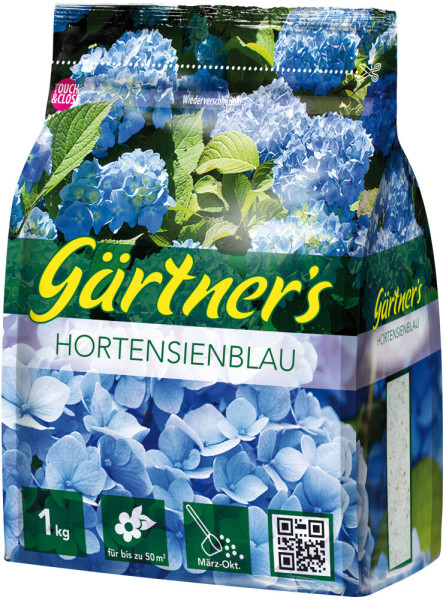 Produktbild von Gaertners Hortensienblau 1kg Verpackung mit blauen Hortensien und Produktinformationen in deutscher Sprache.