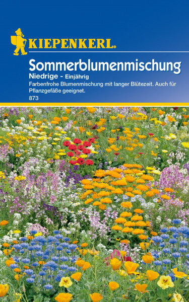 Produktbild der Kiepenkerl Blumenmischung Niedrige Sommerblumenmischung mit farbenfrohem Blumenfeld als Motiv und Verpackungsdesign mit Produktname und Informationen auf Deutsch