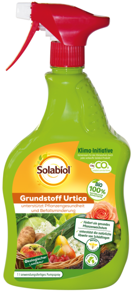 Produktbild von Solabiol Grundstoff Urtica Spray 1l mit Hinweisen zu ökologischem Landbau und Pflanzengesundheit auf deutsch.